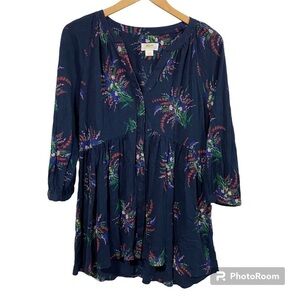 Maeve by Anthropologie Winona navy blue floral babydoll 3/4 sleeve top Large